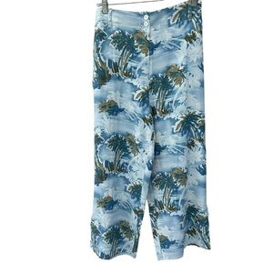 Kate Hill 100% Silk Cropped Tropical Palm Trees Blue Flowy Summer Pants, XL